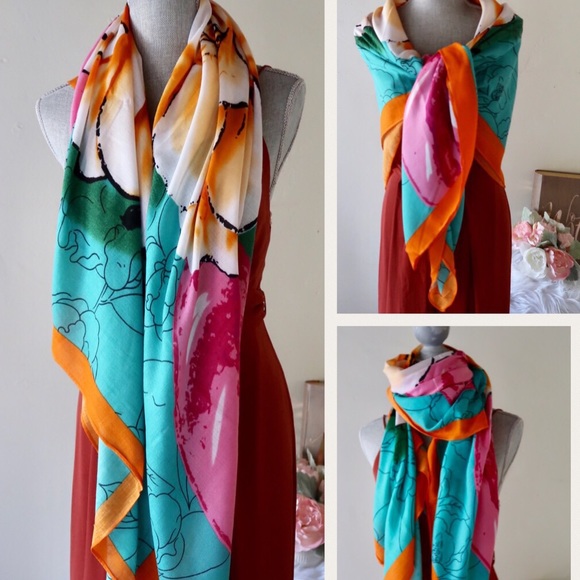 ROSE- Radiant Fuchsia,Turquoise, and Orange Scarf - Picture 3 of 7